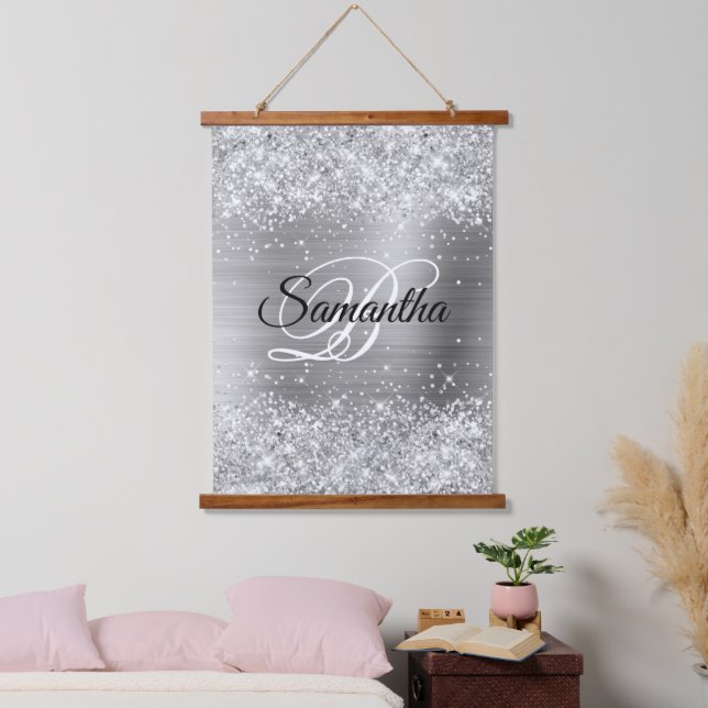 Glittery Silver Glam Fancy Monogram Hanging Tapestry (Bedroom)
