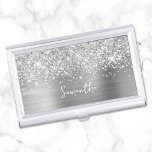 Glittery Silver Glam Name Business Card Holder<br><div class="desc">Customize the modern handwritten style script to create your own business card case.
Add a monogram initial to create a first name initial combination.
Girly faux silver glitter and metallic foil digital art that will print like a photo on your design.
Girl boss stocking stuffer.</div>