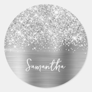 Glittery Silver Glam Name Classic Round Sticker