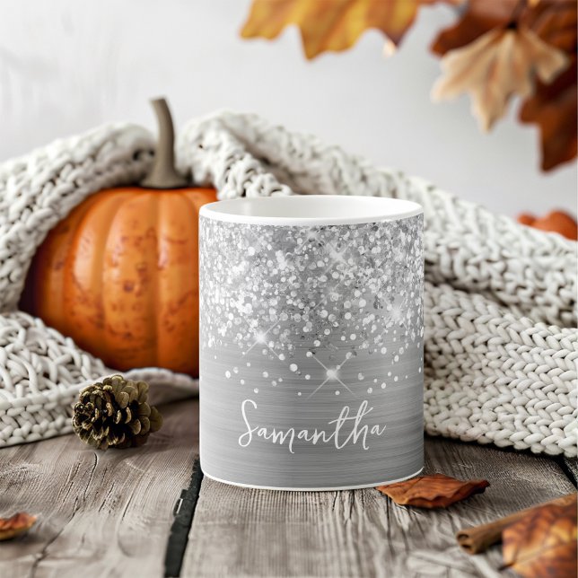 Glittery Silver Glam Name Coffee Mug (Glittery Silver Glam Name Coffee Mug)