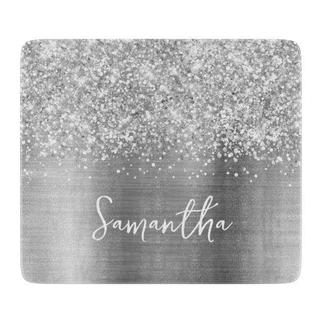 Glittery Silver Glam Name Cutting Board (Front)