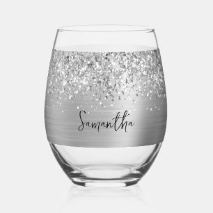 Glittery Silver Glam Name Stemless Wine Glass