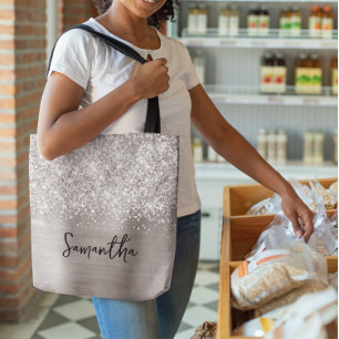 Glittery Silver Glam Name Tote Bag