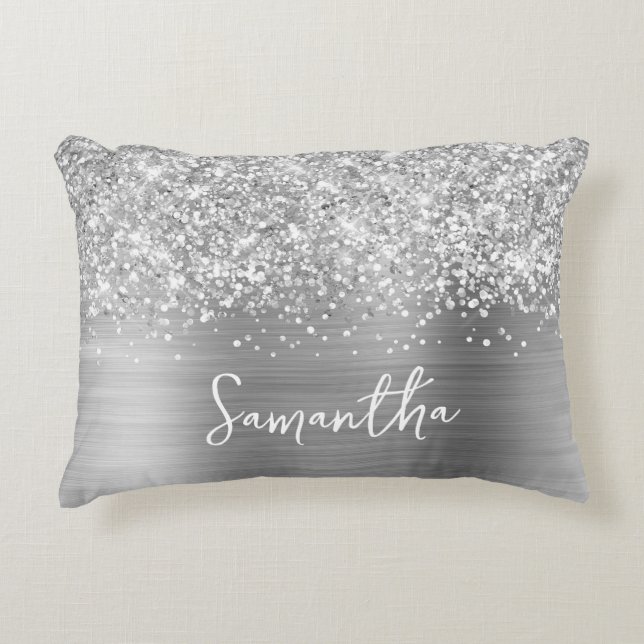 Glittery Silver Glam Script Name Decorative Cushion (Front)