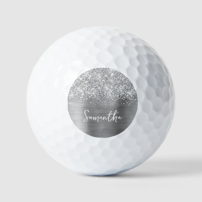 Glittery Silver Glam Script Name Golf Balls (Front)
