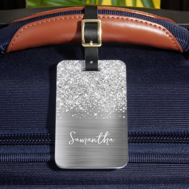 Glittery Silver Glam Script Name Luggage Tag (Front Insitu 2)