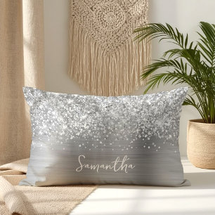 Glittery Silver Glam Script Name Lumbar Cushion