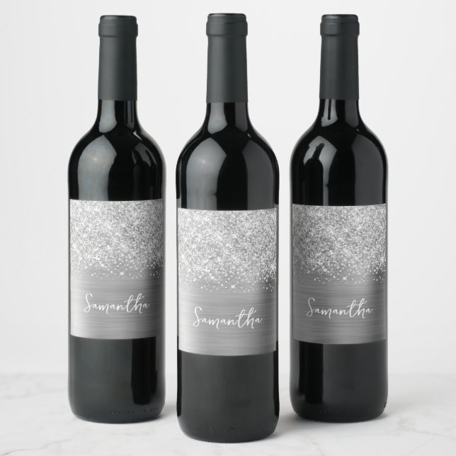 Glittery Silver Glam Script Name Wine Label (Bottles)