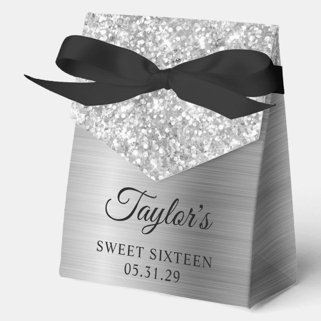 Glittery Silver Glam Sweet Sixteen Favour Box (Front)