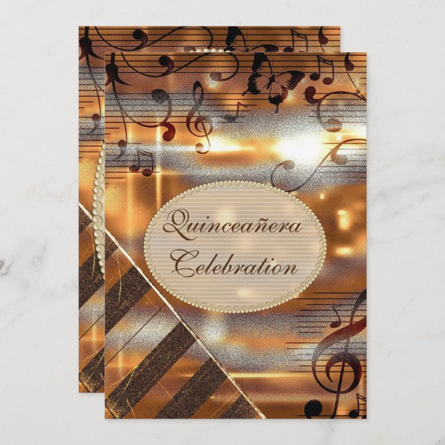 Glittery Silver & Gold Music Notes Quinceañera Invitation (Front/Back)