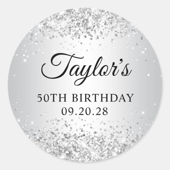 Glittery Silver Gradient 50th Birthday Classic Round Sticker (Front)
