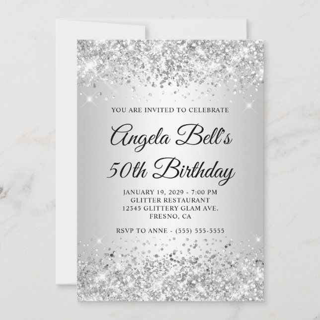 Glittery Silver Gradient 50th Birthday Invitation (Front)
