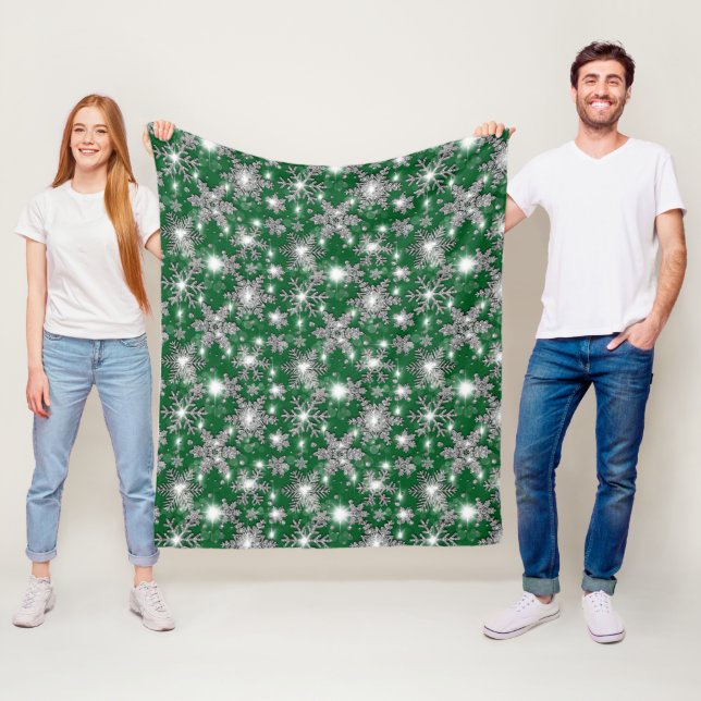 Glittery silver green festive snowflake pattern   fleece blanket (In Situ)