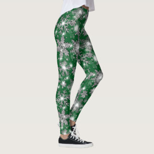 Glittery silver green festive snowflake pattern leggings