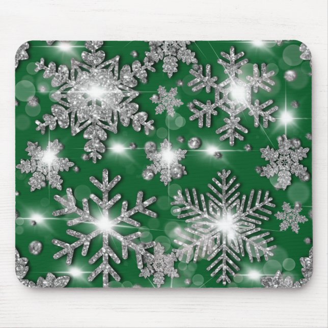 Glittery silver green festive snowflake pattern mouse pad (Front)