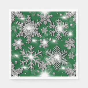 Glittery silver green festive snowflake pattern napkin