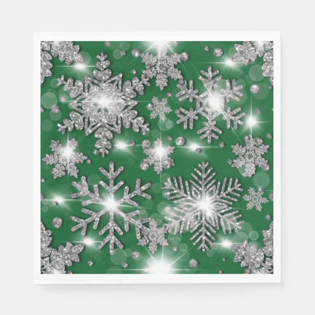 Glittery silver green festive snowflake pattern   napkin (Front)