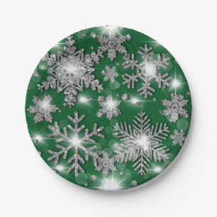 Glittery silver green festive snowflake pattern paper plate