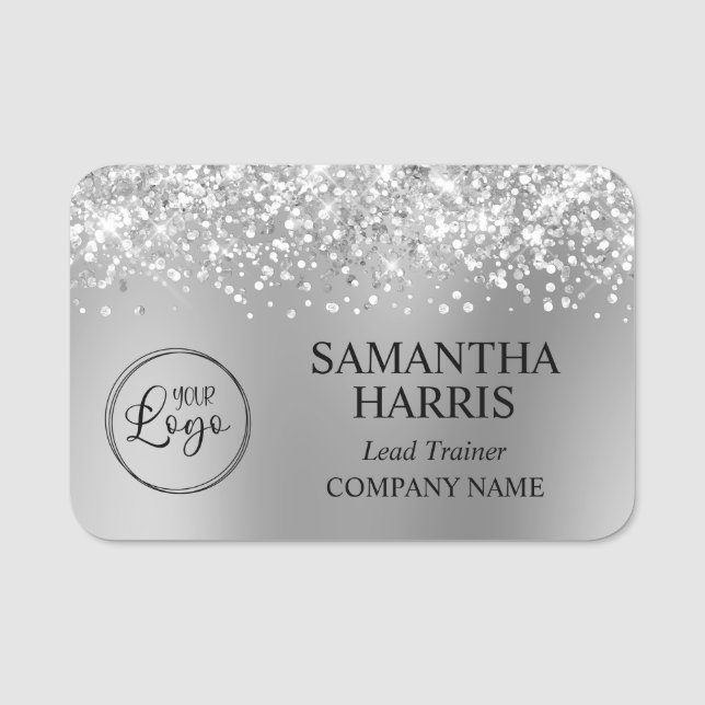 Glittery Silver Grey Blur Logo Company Name Tag (Front)