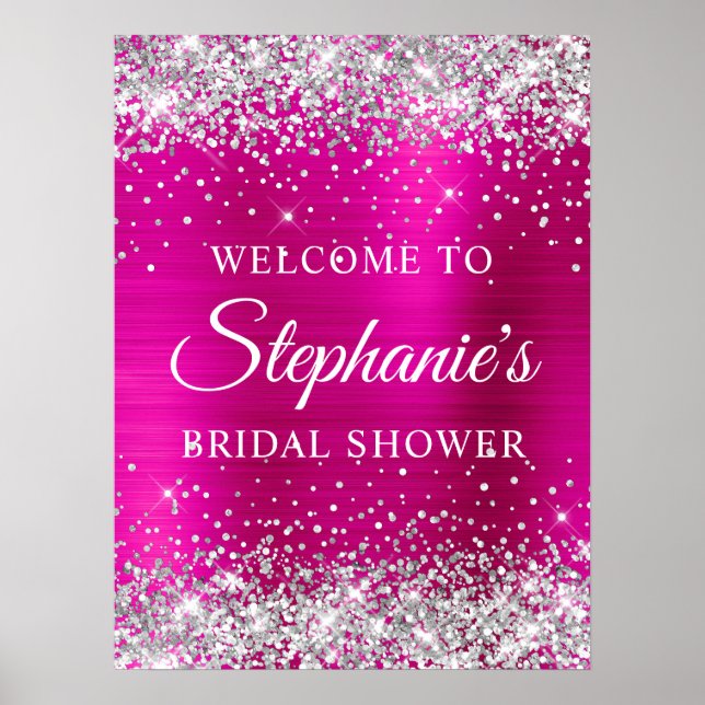 Glittery Silver Hot Pink Foil Bridal Shower Poster (Front)