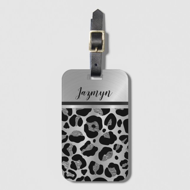 Glittery Silver Leopard Safari Print   Luggage Tag (Front Vertical)