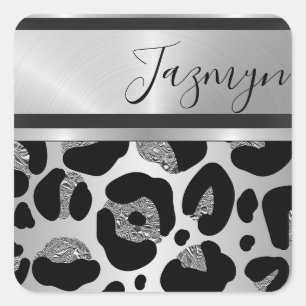 Glittery Silver Leopard Safari Print Personalised Square Sticker