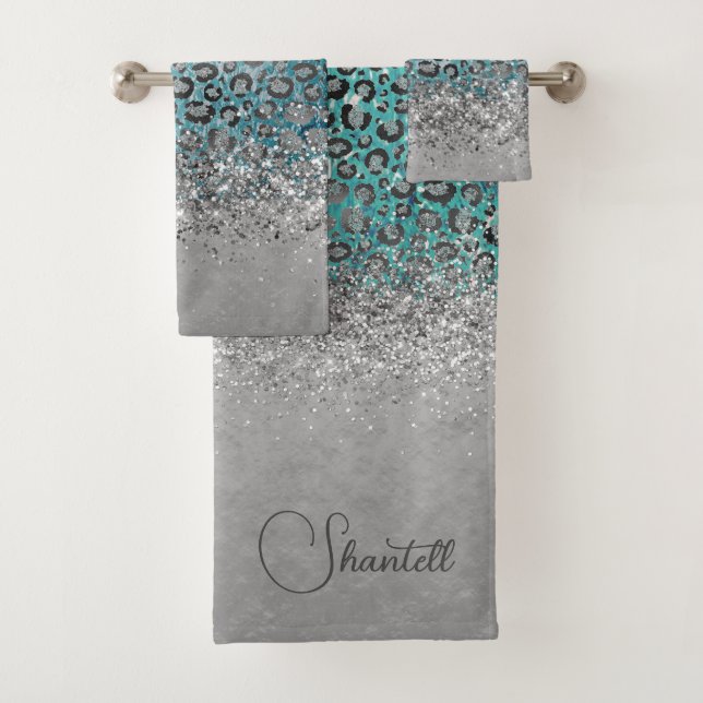  Glittery Silver Leopard Turquoise Personalised  Bath Towel Set (Insitu)