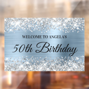Glittery Silver Light Blue 50th Birthday Welcome