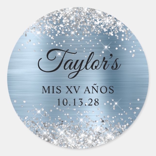 Glittery Silver Light Blue Foil Mis XV Anos Classic Round Sticker (Front)