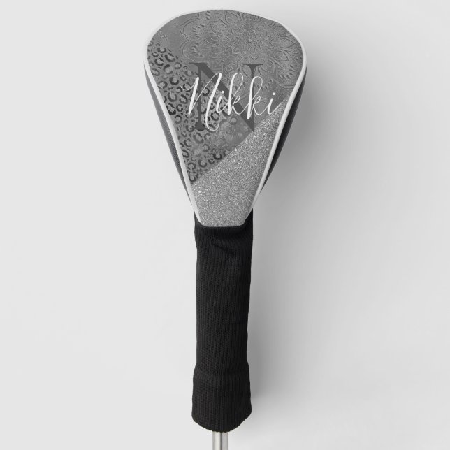 Glittery Silver Lotus Mandala Leopard Monogram     Golf Head Cover (Front)