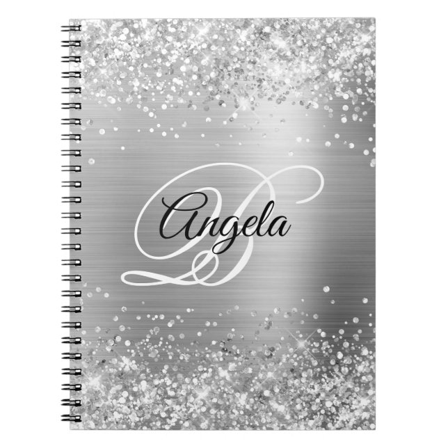 Glittery Silver Metallic Fancy Monogram Notebook (Front)