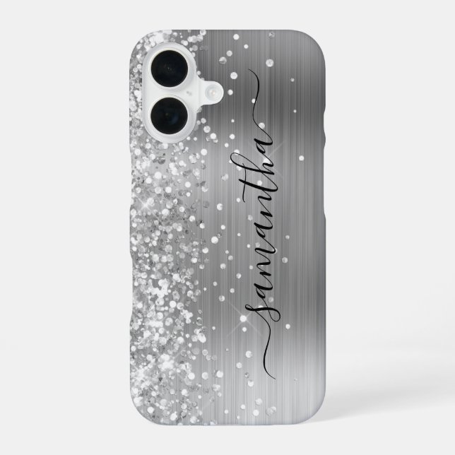 Glittery Silver Metallic Girly Signature iPhone 16 Case (Back)