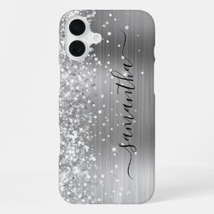 Glittery Silver Metallic Girly Signature iPhone 16 Plus Case