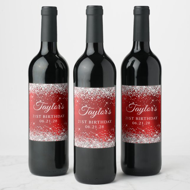 Glittery Silver Red Foil 21st Birthday Wine Label (Bottles)