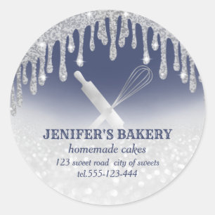 Glittery silver rolling pin & whisk chef bakery classic round sticker