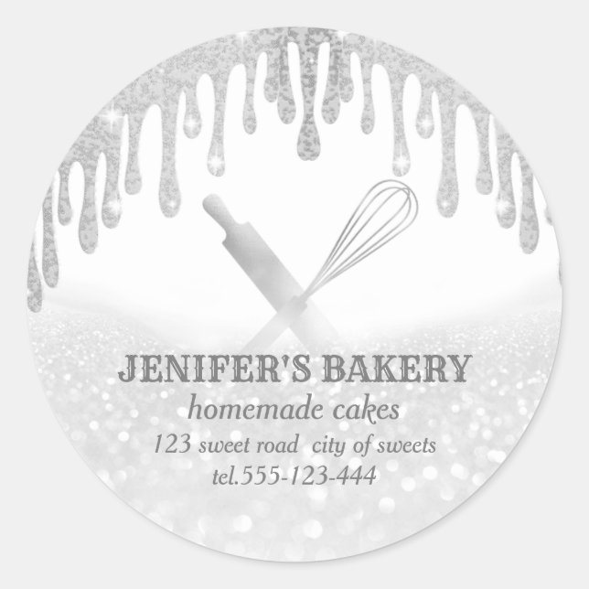 Glittery silver rolling pin & whisk chef bakery classic round sticker (Front)
