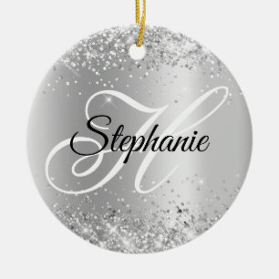 Glittery Silver Shimmer Fancy Monogram Ceramic Tree Decoration