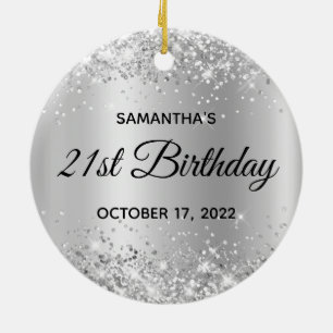 Glittery Silver Shimmer Ombre 21st Birthday Ceramic Tree Decoration