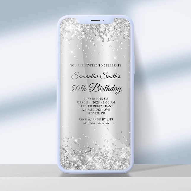 Glittery Silver Shimmer Ombre 50th Birthday Invitation (Creator Uploaded)