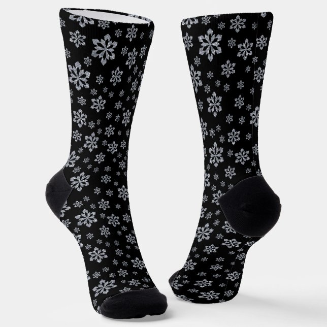 Glittery Silver Snowflake Pattern on Black Socks (Angled)