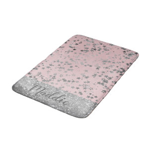 Glittery Silver Stars on Pink Personalised Bath Mat