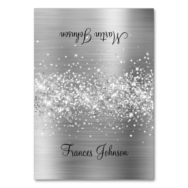 Glittery Silver Two Name Place Cards (Front)