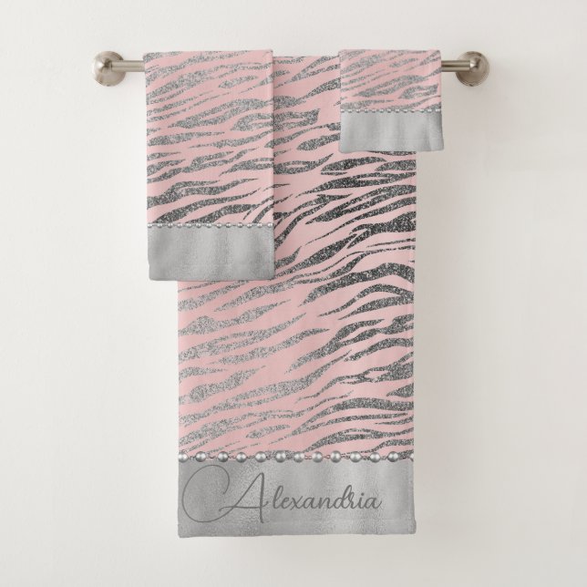 Glittery Silver Zebra Print on Pink Personalised Bath Towel Set (Insitu)