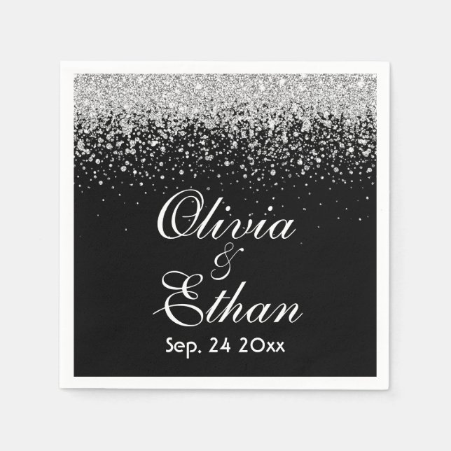 Glittery Sliver on Midnight Black Napkin (Front)