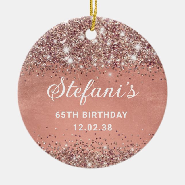 Glittery Soft Rose Gold Foil 65th Birthday Classic Ceramic Tree Decoration (Front)