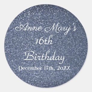 Glittery Sparkle 16th Birthday Custom Blue Grey Classic Round Sticker