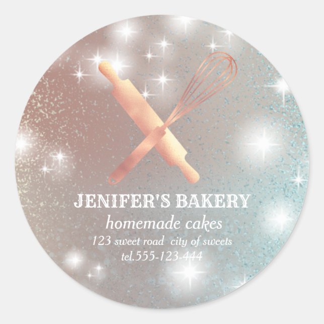 Glittery sparkle rolling pin & whisk chef bakery classic round sticker (Front)