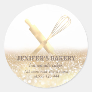 Glittery sparkle rolling pin & whisk chef bakery classic round sticker