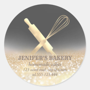Glittery sparkle rolling pin & whisk chef bakery classic round sticker