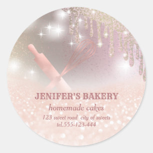 Glittery sparkle rolling pin & whisk chef bakery classic round sticker